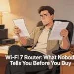 Person comparing Wi-Fi 7 router boxes at home before making a buying decision