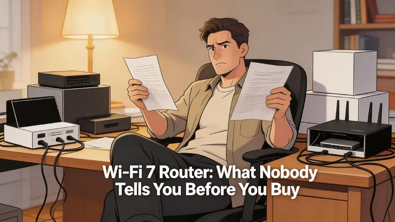 Person comparing Wi-Fi 7 router boxes at home before making a buying decision