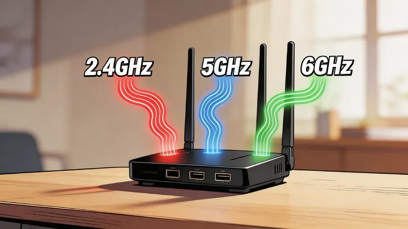 Illustration of Wi-Fi 7 router using multi-link operation across 2.4GHz 5GHz and 6GHz bands