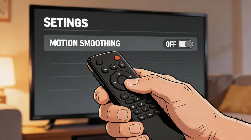 Person turning off motion smoothing in TV picture settings menu to fix the soap opera effect